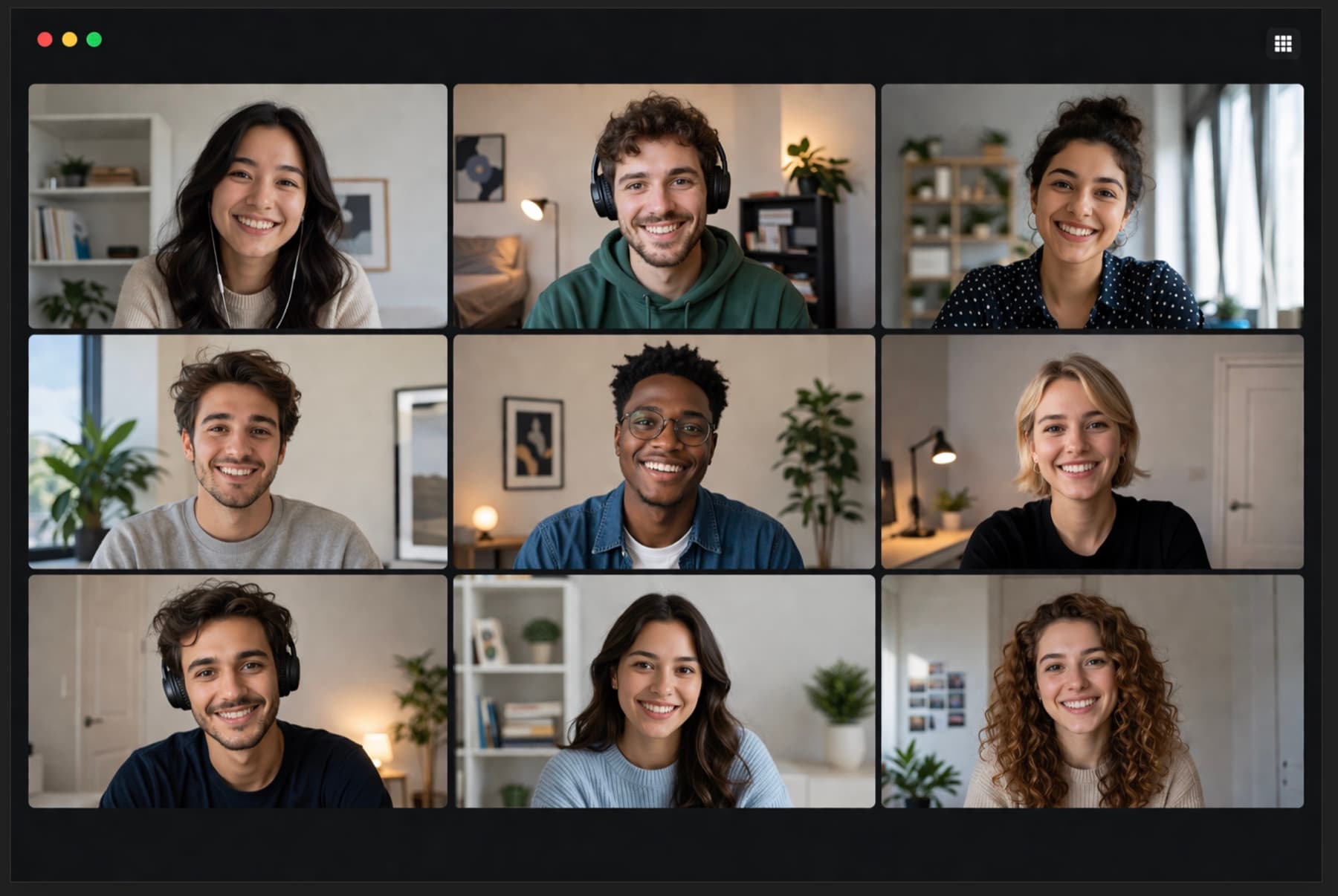 What other meeting participants see — a clean grid of 9 video tiles, no overlay anywhere